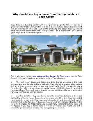 Why should you buy a home from the top builders in Cape Coral?