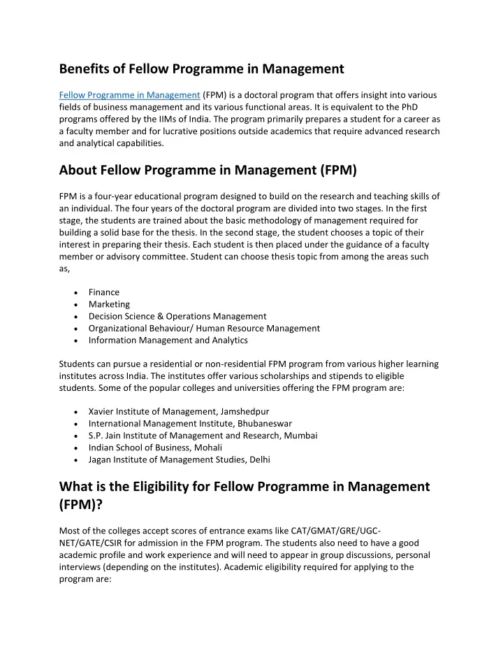 benefits of fellow programme in management