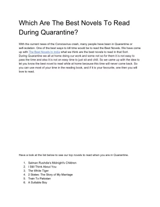 Which Are The Best Novels To Read During Quarantine?