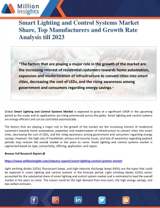 Smart Lighting and Control Systems Market Share, Top Manufacturers and Growth Rate Analysis till 2023