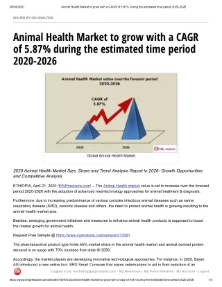 Animal Health Market to grow with a CAGR of 5.87% during the estimated time period 2020-2026