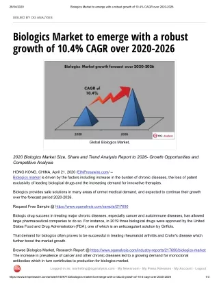 Biologics Market to emerge with a robust growth of 10.4% CAGR over 2020-2026