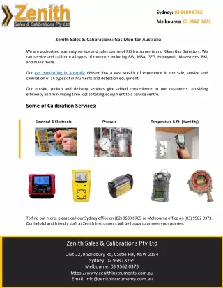 Zenith Sales & Calibrations: Gas Monitor Australia