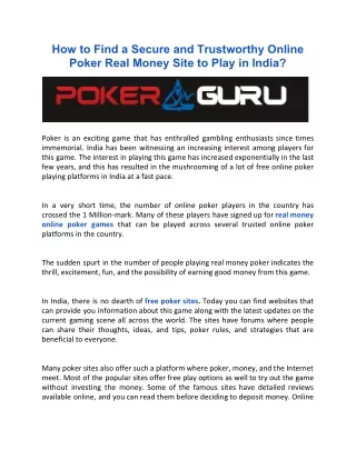 How to Find a Secure and Trustworthy Online Poker Real Money Site to Play in India?