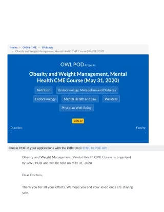Obesity and Weight Management, Mental Health CME Course by OWL POD on May 31, 2020