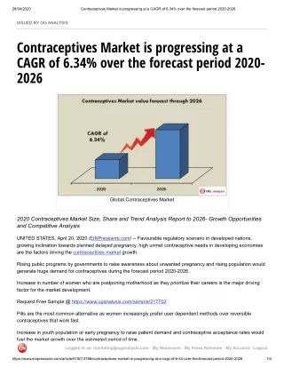 Contraceptives Market is progressing at a CAGR of 6.34% over the forecast period 2020-2026