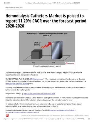 Hemodialysis Catheters Market is poised to report 11.20% CAGR over the forecast period 2020-2026