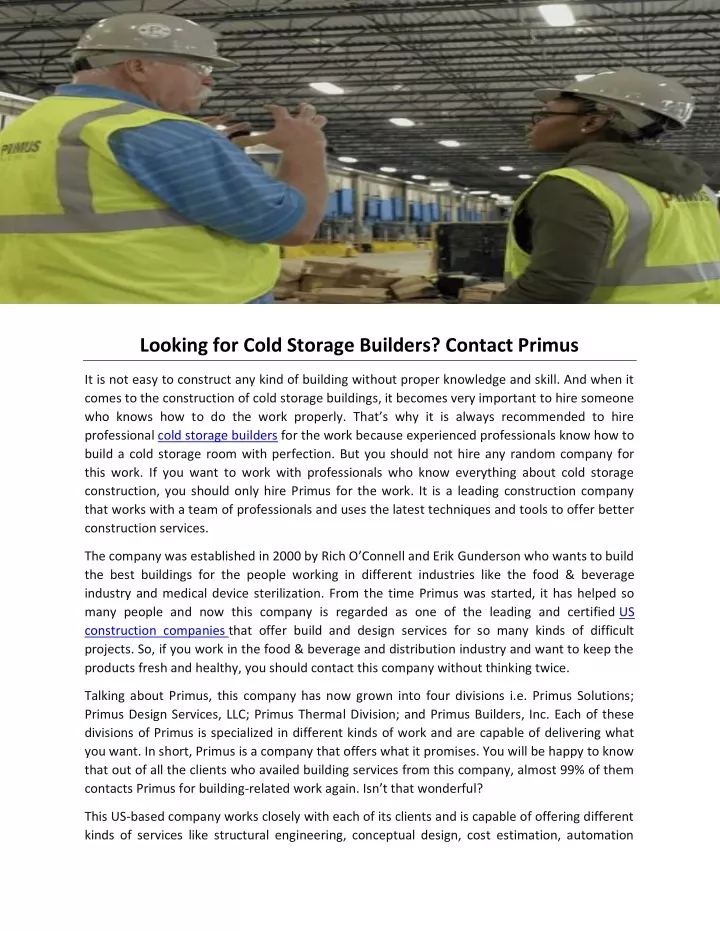 looking for cold storage builders contact primus