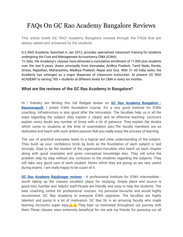 faqs on gc rao academy bangalore reviews