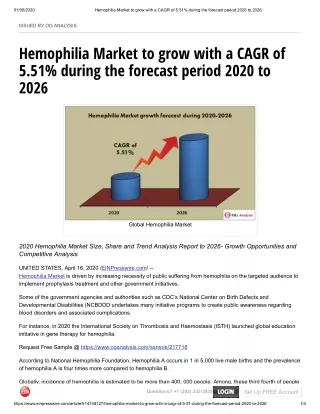 Hemophilia Market to grow with a CAGR of 5.51% during the forecast period 2020 to 2026