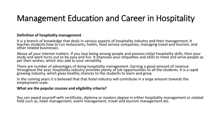 management education and career in hospitality