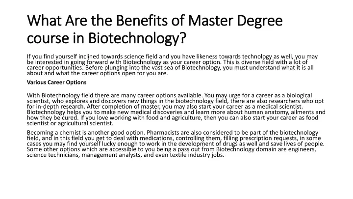 what are the benefits of master degree course in biotechnology