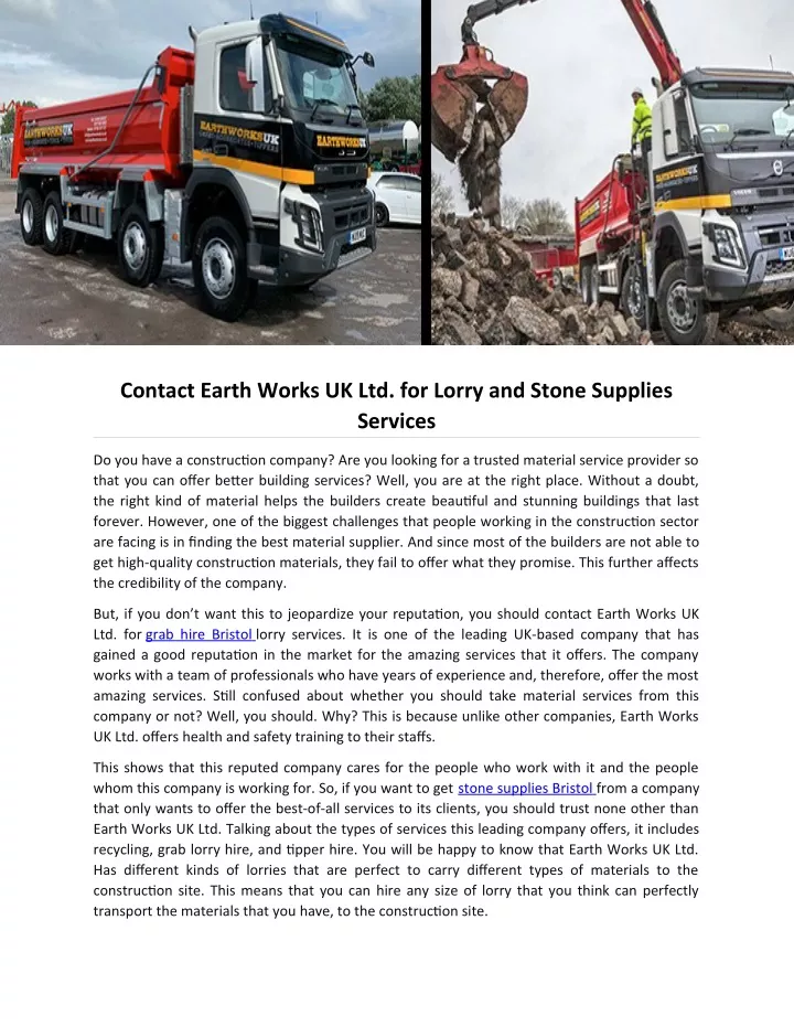 contact earth works uk ltd for lorry and stone
