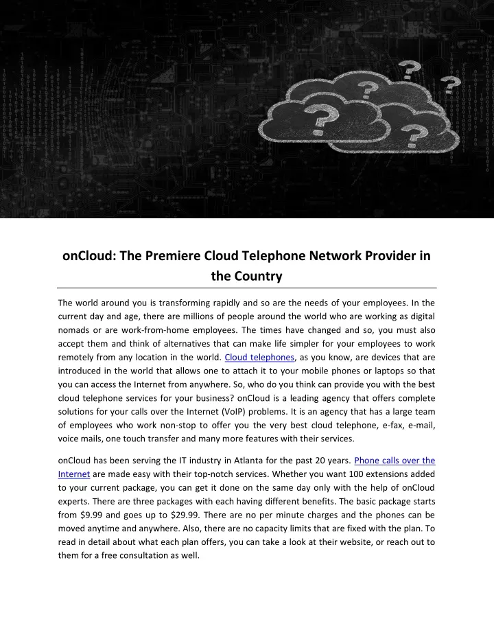 oncloud the premiere cloud telephone network