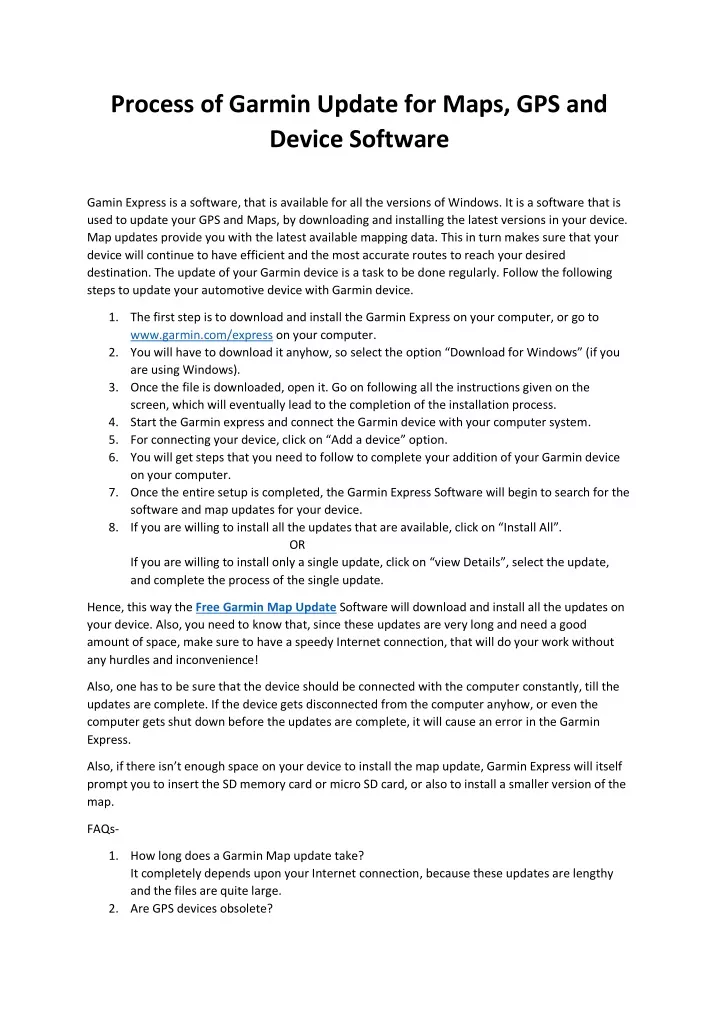 process of garmin update for maps gps and device