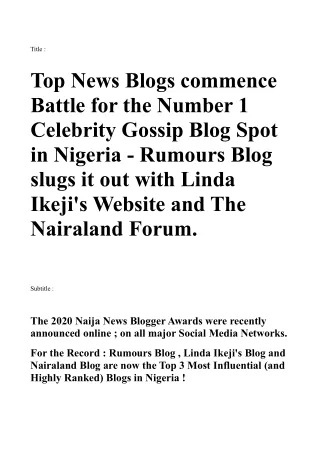 Top News Blogs commence Battle for the Number 1 Celebrity Gossip Blog Spot in Nigeria -