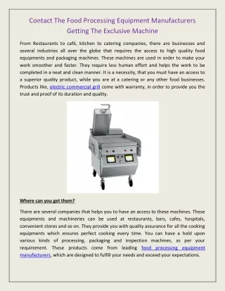 Contact The Food Processing Equipment Manufacturers Getting The Exclusive Machine