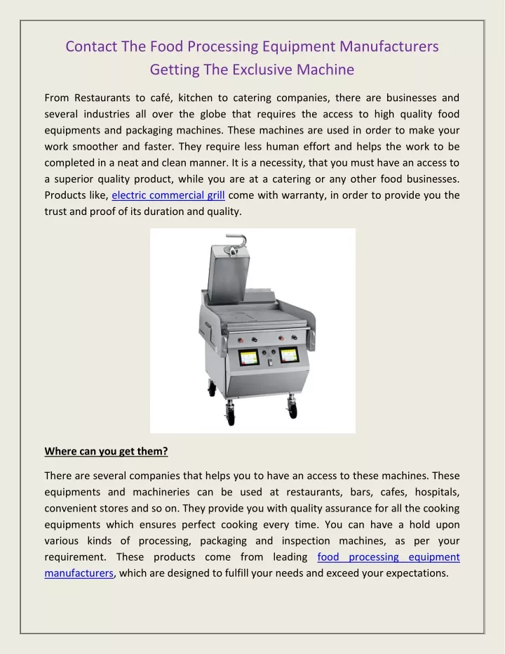 contact the food processing equipment