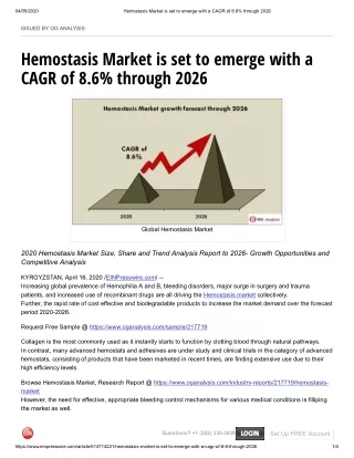 Hemostasis Market is set to emerge with a CAGR of 8.6% through 2026
