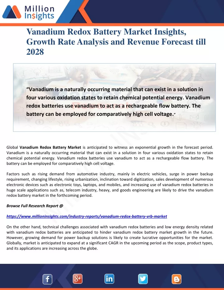 vanadium redox battery market insights growth