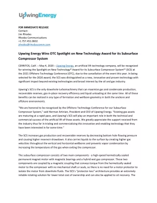 Upwing Energy Wins OTC Spotlight on New Technology Award for its Subsurface Compressor System