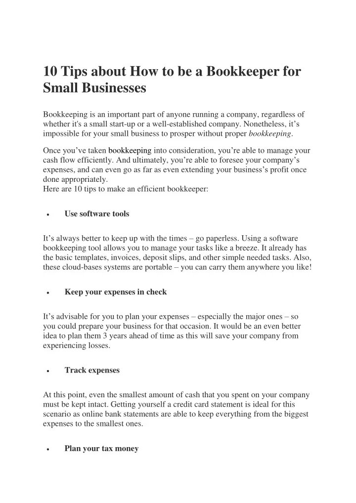 10 tips about how to be a bookkeeper for small