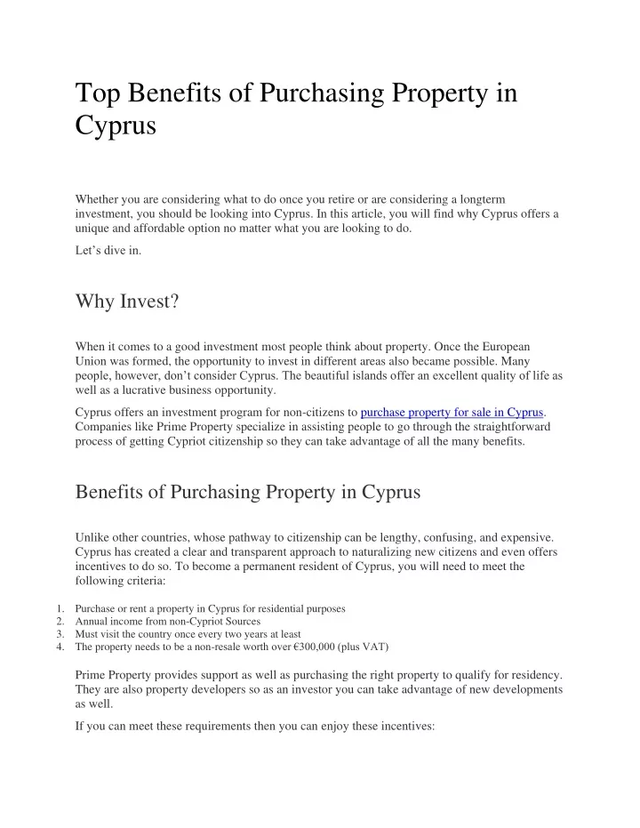 top benefits of purchasing property in cyprus