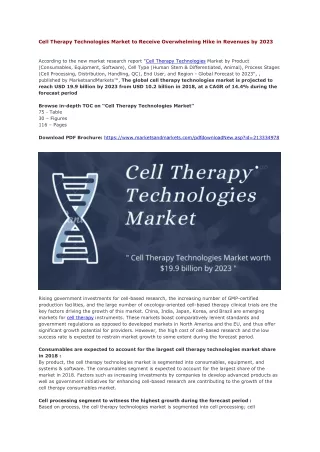 Cell Therapy Technologies Market to Receive Overwhelming Hike in Revenues by 2023