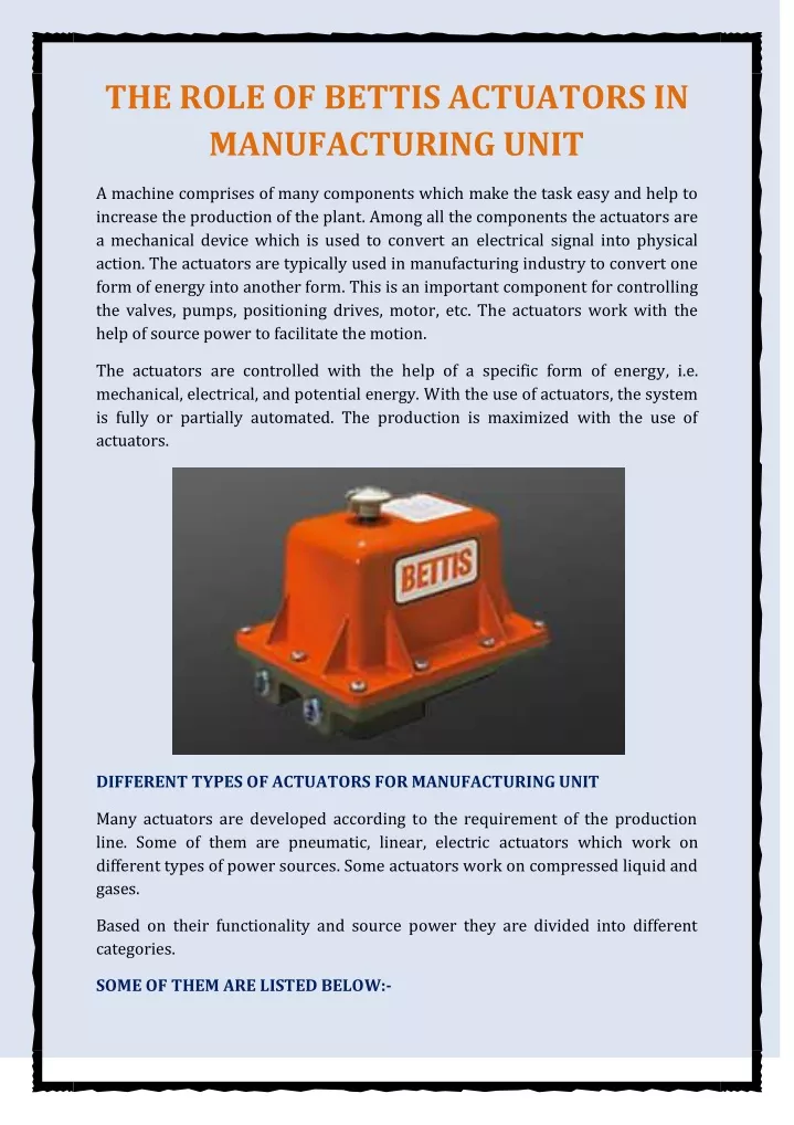 the role of bettis actuators in manufacturing unit
