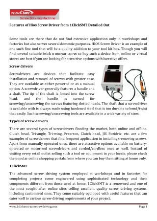 Features of Hios Screw Driver from 1ClickSMT Detailed Out