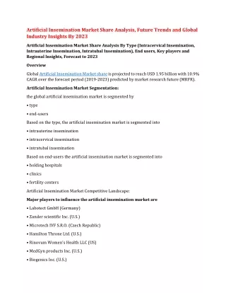 Artificial Insemination Market Share Analysis, Future Trends and Global Industry Insights By 2023