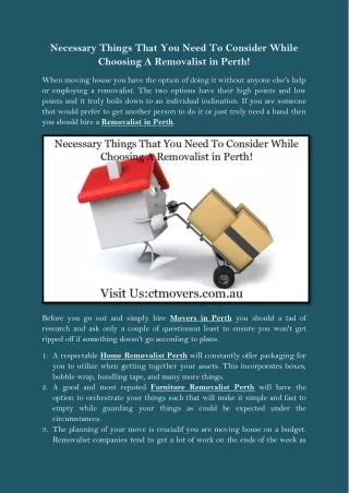 Necessary Things That You Need To Consider While Choosing A Removalist in Perth!