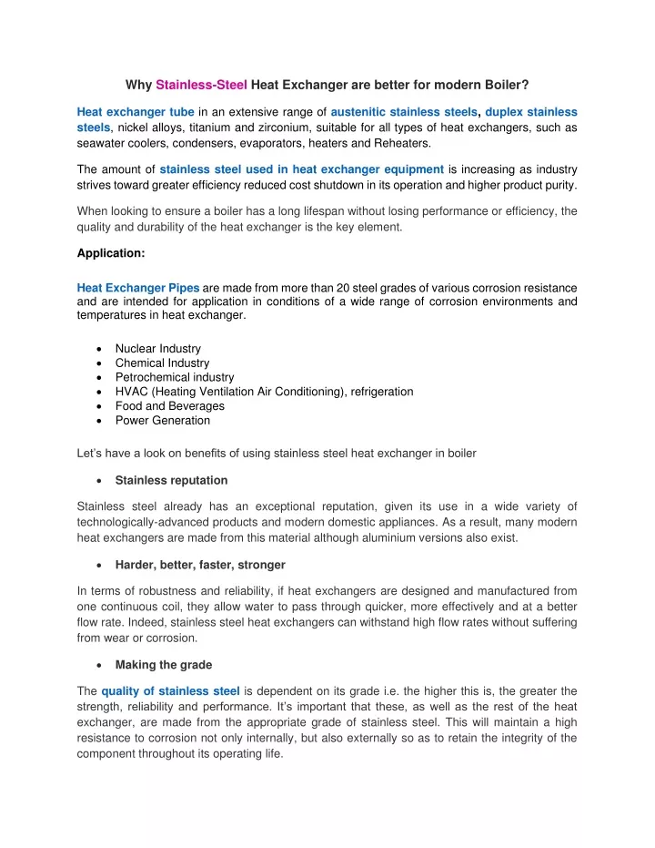 why stainless steel heat exchanger are better