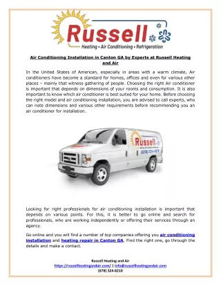 Air Conditioning Installation in Canton GA by Experts at Russell Heating and Air