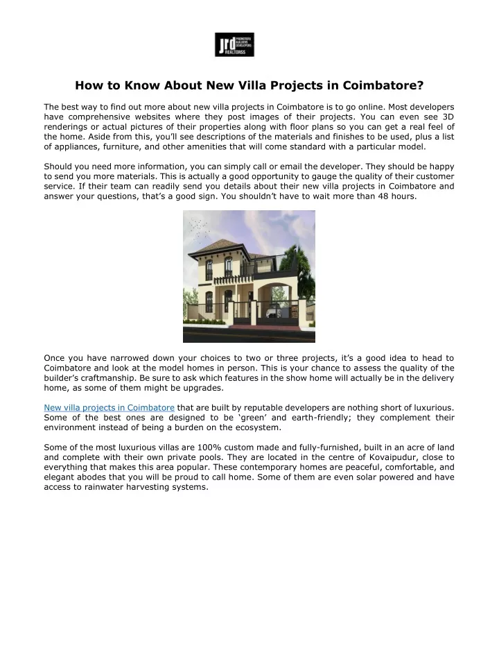 how to know about new villa projects in coimbatore