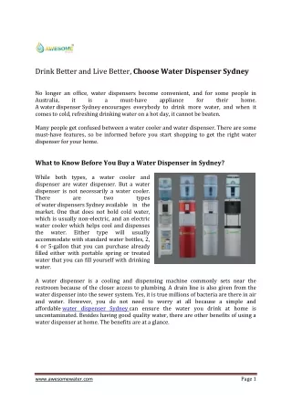 Drink Better and Live Better, Choose Water Dispenser Sydney