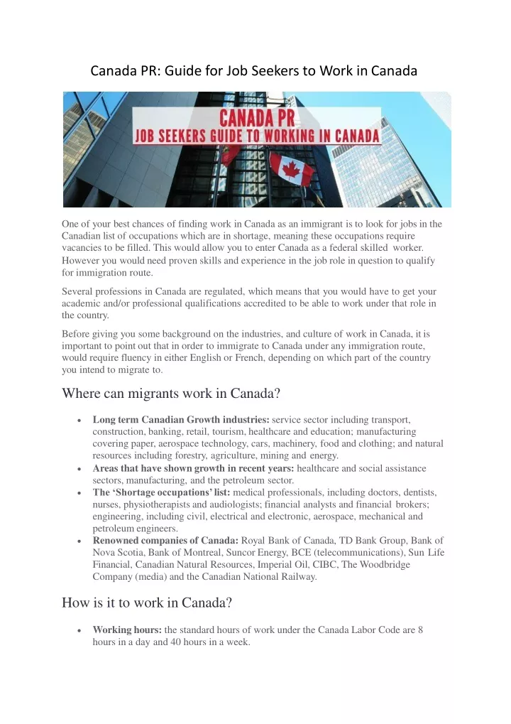 canada pr guide for job seekers to work in canada