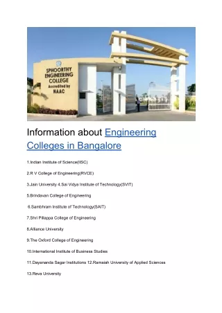 Information about Engneering Colleges in Bangalore