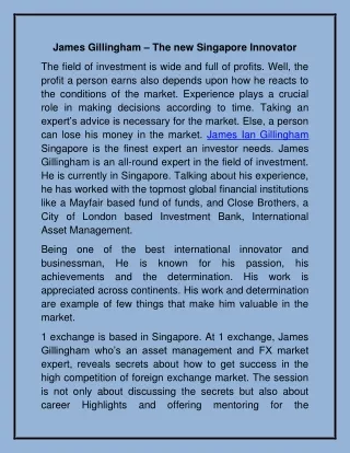 James Gillingham- The new Singapore Innovator