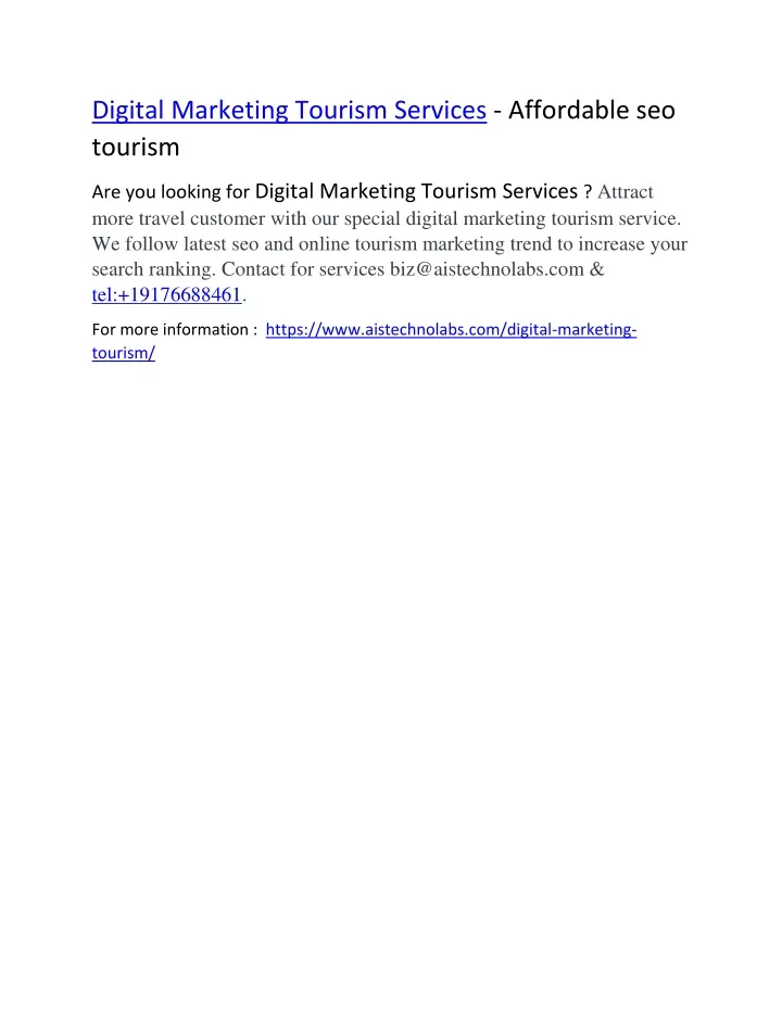 digital marketing tourism services affordable
