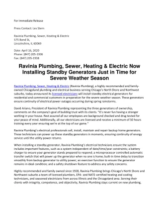 Ravinia Plumbing, Sewer, Heating & Electric Now Installing Standby Generators Just in Time for Severe Weather Season