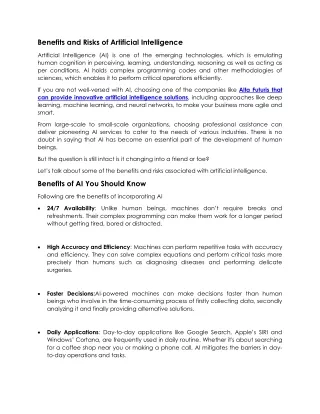 benefits and risks of artificial intelligence