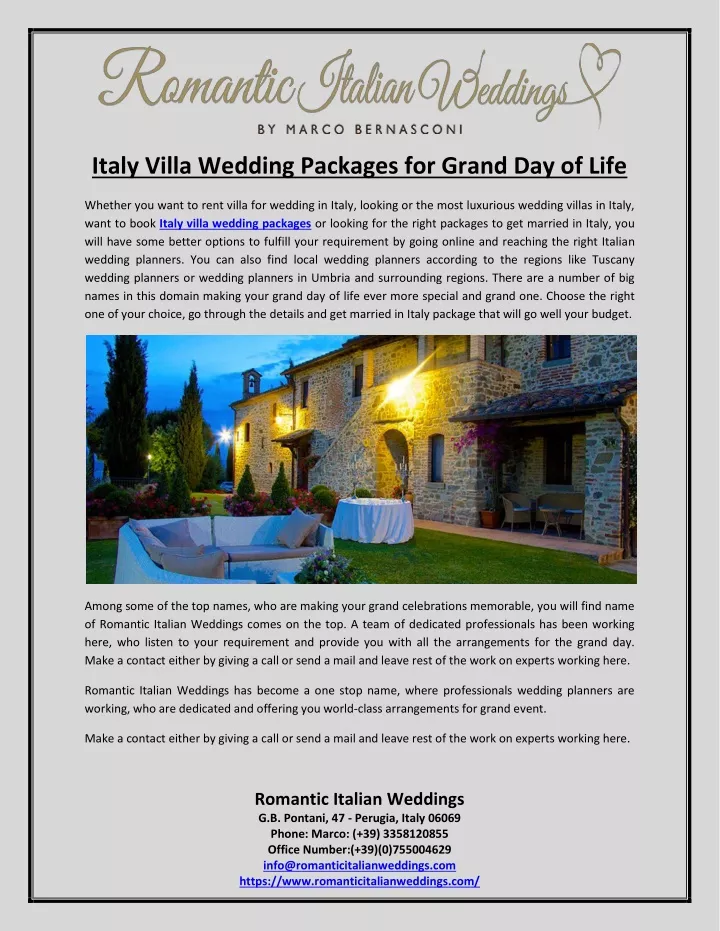 italy villa wedding packages for grand day of life