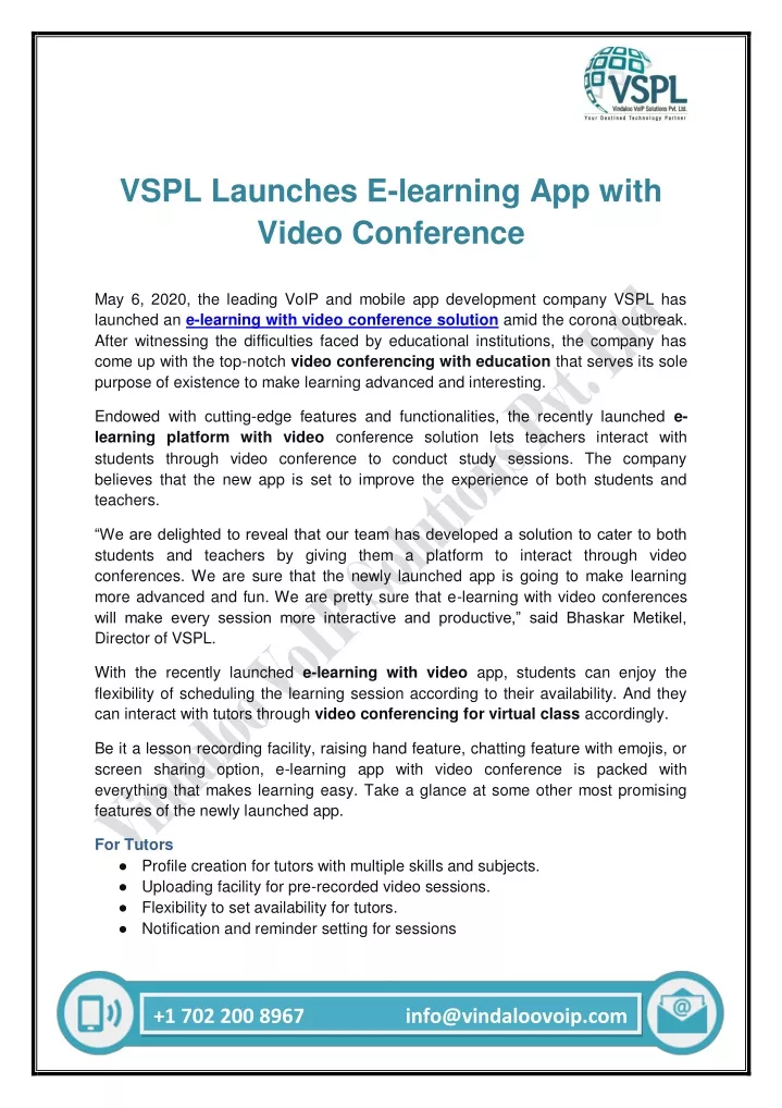 vspl launches e learning app with video conference