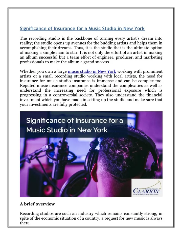 significance of insurance for a music studio