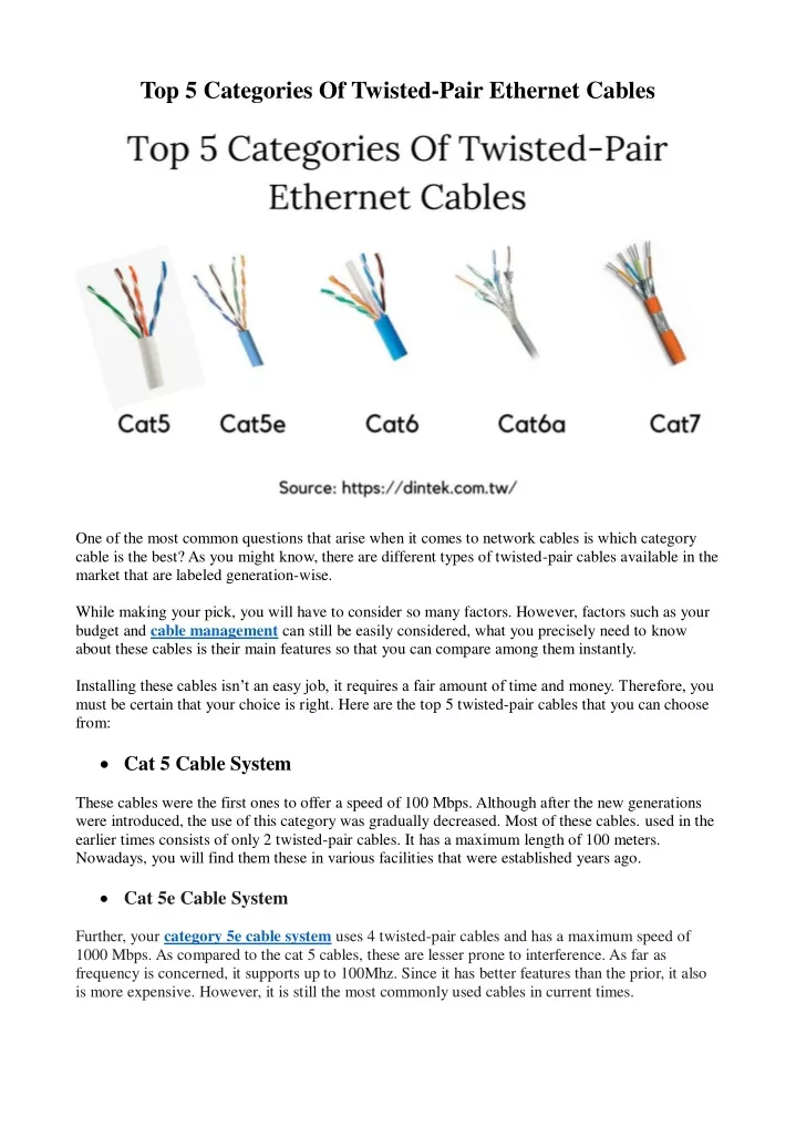 top 5 categories of twisted pair ethernet cables