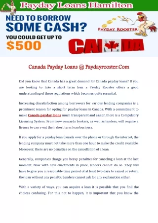 Canada Payday Loans @ Paydayrooster.Com