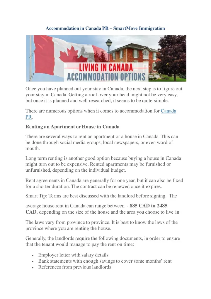 accommodation in canada pr smartmove immigration