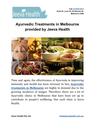 Ayurvedic Treatments in Melbourne provided by Jeeva Health