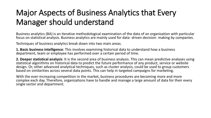 major aspects of business analytics that every manager should understand
